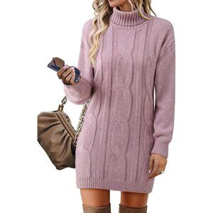 Women's Long Sleeve Turtleneck Sweater Dresses Ribbed Knit Midi Dress Purple